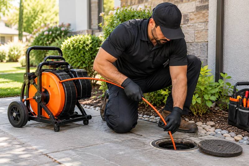 Technician feeding a sewer cable from a drain machine into an outdoor cleanout