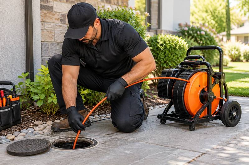 Drain technician with professional drain cleaning equipment at a sewer access point