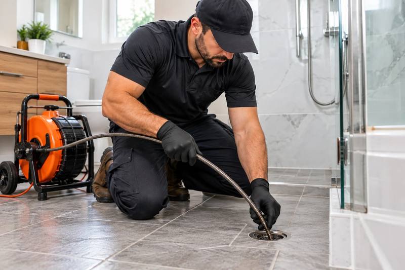 Technician running a drain cable into a tiled walk-in shower drain